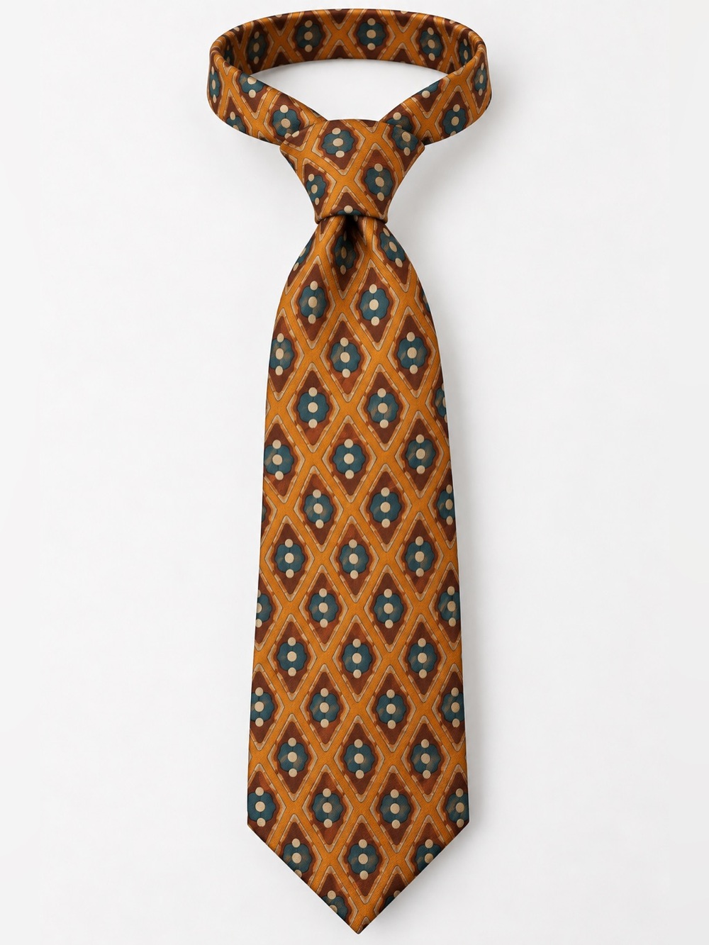 Vintage 100% Silk Joseph Abboud Mustard Gold and Teal Diamond Medallion Tie